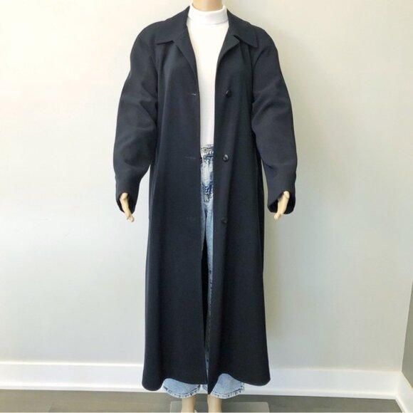 Vintage 90s Oversized Minimalist Navy Baggy Long Jacket Trench Coat. Large - Picture 2 of 10